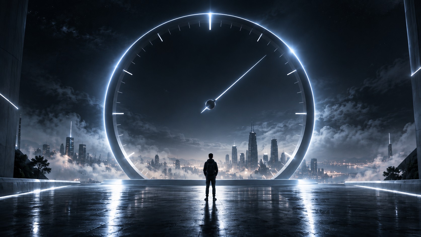The monumental glowing Clockmin clock above a night city, a builder standing in front of it